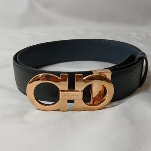 Salvatore Ferragamo Black/Blue Reversible Leather Belt with Gold Gancini Buckle